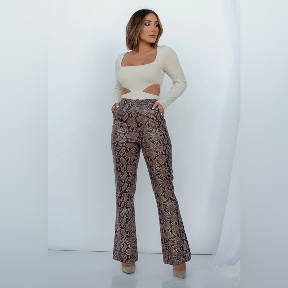 ByEgreis Faux Snake Skin Tan Pleather Wide Leg Pants